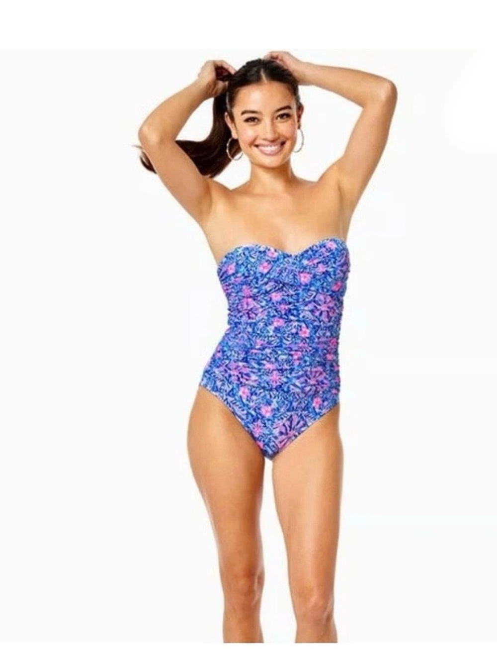 LILLY PULITZER Falmenco Bandeau Ruched One-Piece Swimsuit - Blue & Pink